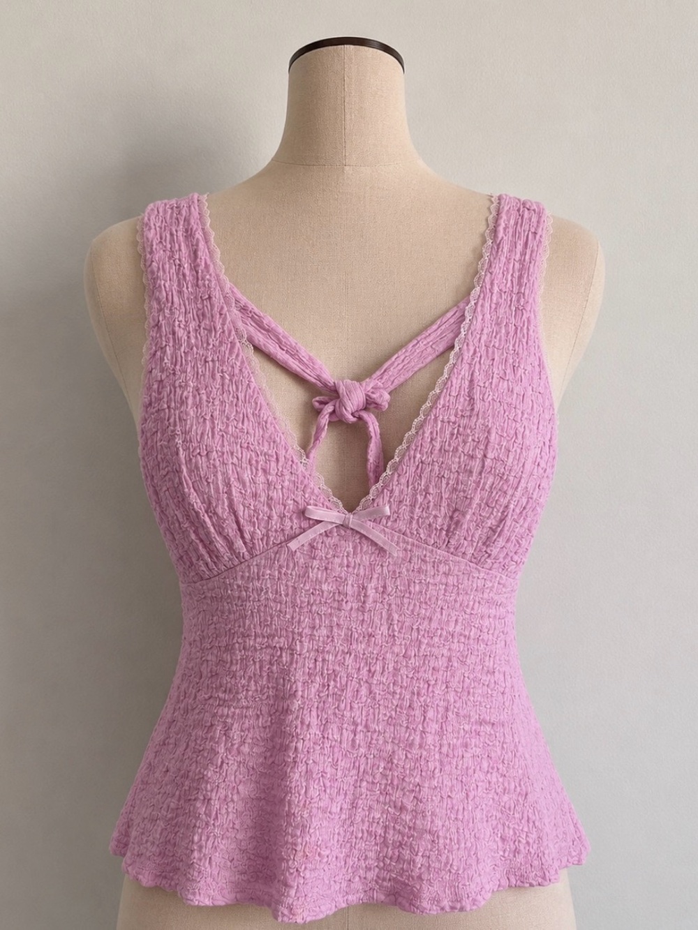 Pink Textured Knit Tank Top with Crisscross Tie
